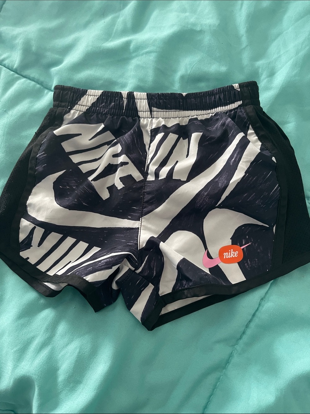 Nike Kids Black & White Graphic Swim Trunks with Pink Logo